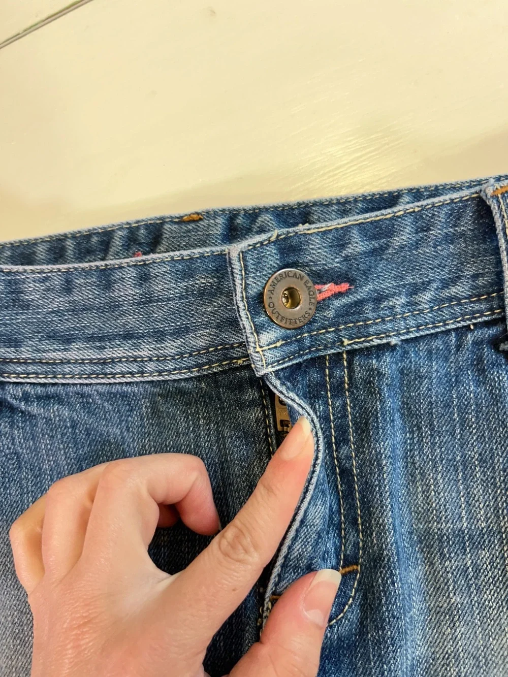 Vintage Y2K American Eagle Faded Denim Super Mini Skirt Low rise Pink Rhinestone - Picture 8 of 12